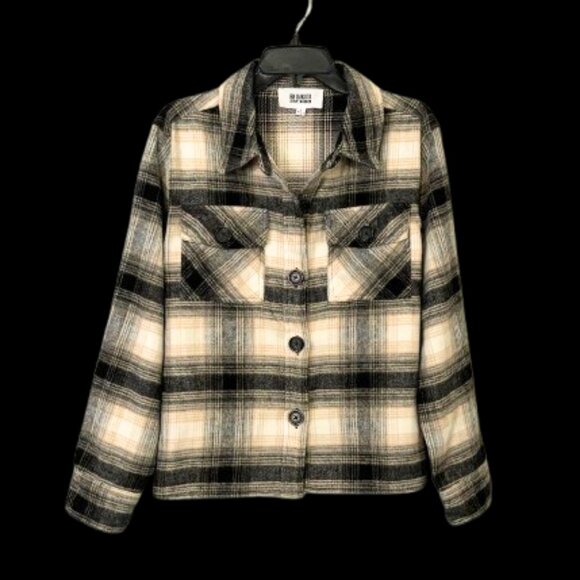 BB Dakota Black Tan Ivory Plaid Shaket Jacket Woman's Size Large - Picture 2 of 13